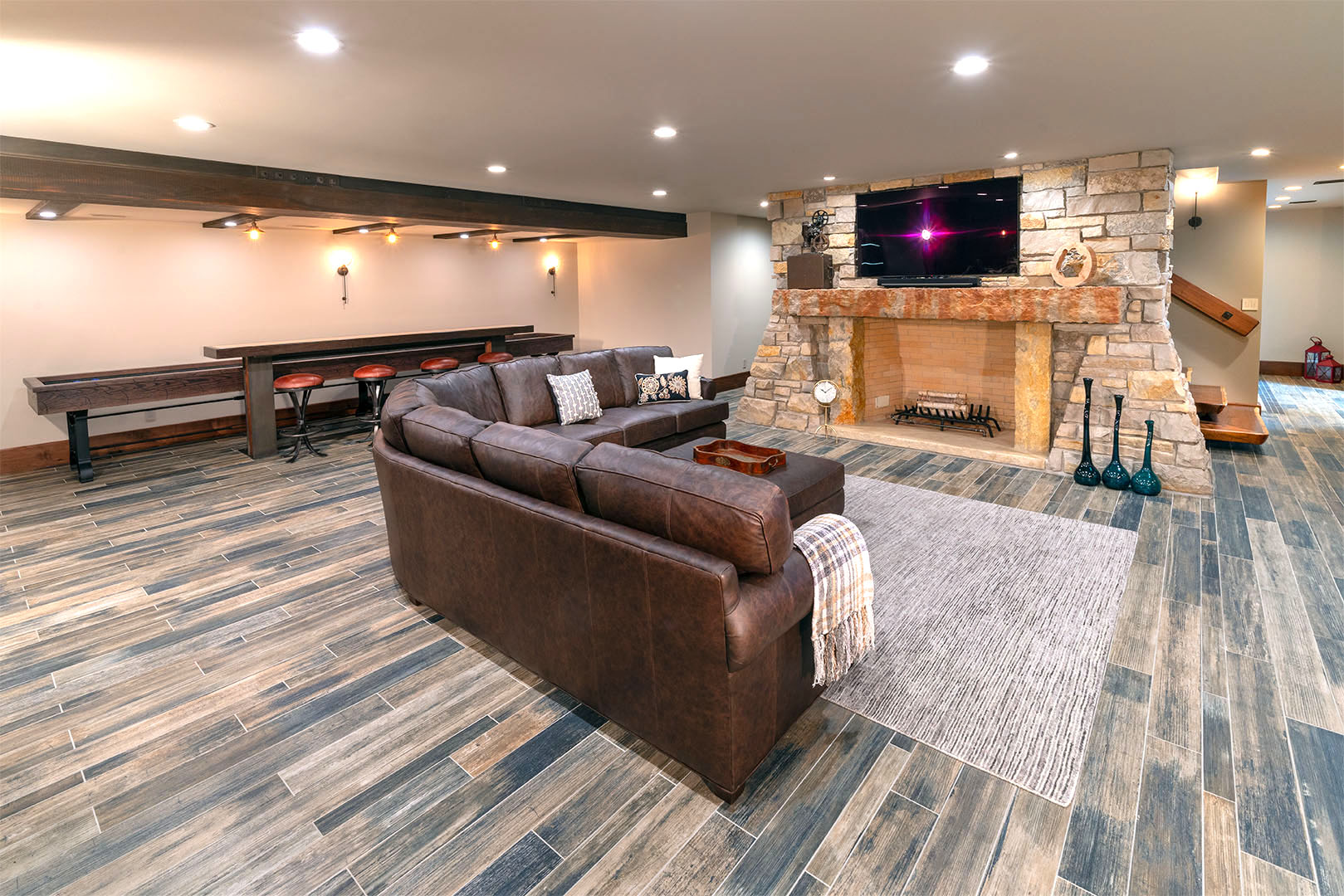 Gameroom and stone fireplace